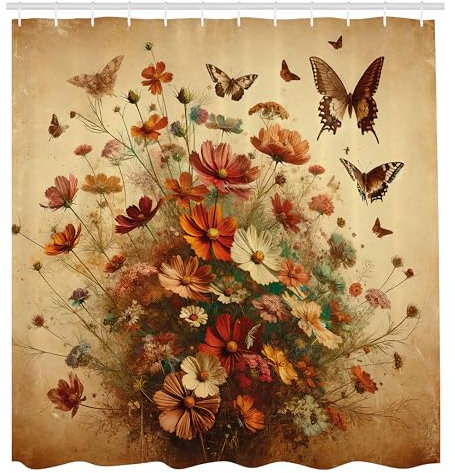 ABAKUHAUS Vintage Duschvorhang, Traumszenario von tanzendem Schmetterling und Frühlingsblumendurcheinander Retro Farm, Stoffliches Gewebe mit Haken, 175 x 200 cm, Weiß Lorbeergün Mandel