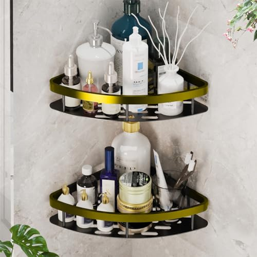 JUVEL Duschregal Ohne Bohren Ecke- 2 Stück Selbstklebend Matte Finish Duschregal Rostschutz Duschablage und Shampoo Halterung für Dusche, Küche Badezimmer Organizer Einfache Montage (Gold)