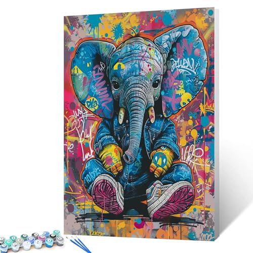 Tucocoo Graffiti – Peinture par numéro d'éléphant bleu pour adultes, kit de peinture à l'huile sur toile facile à faire soi-même avec pinceaux et pigments acryliques, image d'animal mignon pour
