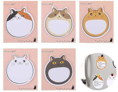 Andibro Süße Katze Haftnotizen, 5er Pack Lesezeichen Katze 150 Blatt Kawaii Tiere Selbstklebende Notizen Cartoon Katze Klebezettel Markierungen Flaggen Index für Kinder Studenten Büro Schule