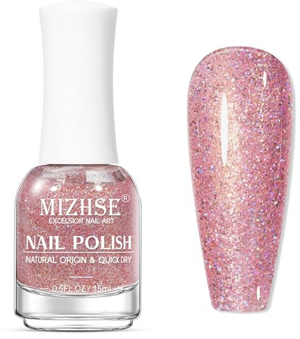 MIZHSE Vernis à ongles Vernis à ongles pailleté Vernis à ongles à base d'huile à séchage rapide Vernis à ongles gel sans lampe UV Formule longue durée qui sèche rapidement Paillettes rose 1 x 15 ml