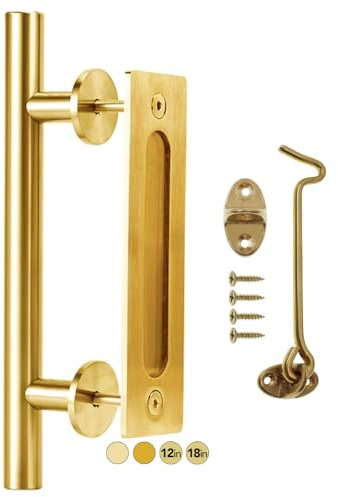 Rio Salto 12-Inch Gold Barn Door Handle Kit with Latch Lock Set Closet Brass Finish Pull Handle Flush Handles Hardware Large Sliding Door Handles 1-Door (Gold - 1Pack w/Lock)
