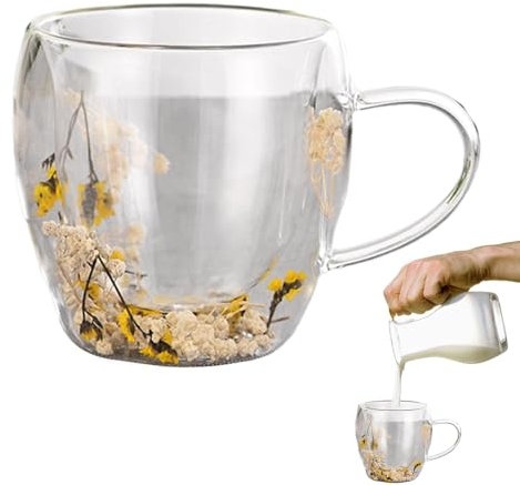 mivceklw Aesthetic Dried Flowers Cups, Clear Double Wall Glass Tazze, Glass Tazze with Handles, Creative Insulated Glass Mug, Heat Resistant Glass Mug 3,94 x 3,15 x 3,74 for Adults, All Ages, Friends