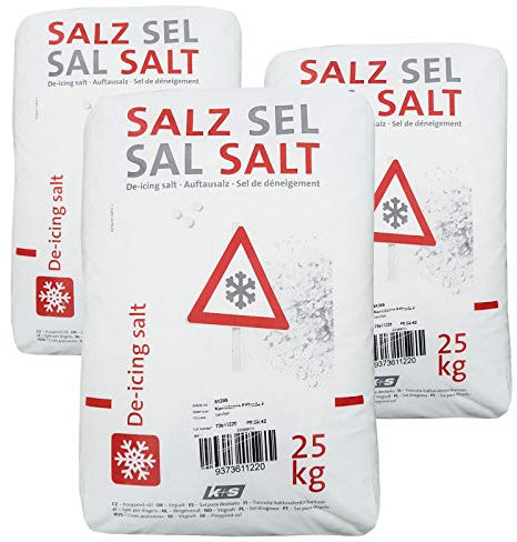 Streusalz Winterstreu Auftausalz| K+S Sackware a 25kg 3 Stück| Effektiv mit hoher Reinheit Feine & grobe Kristalle Schnelle & langanhaltende Tauwirkung