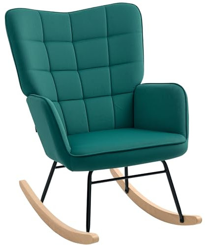 HOMCOM Fauteuil à Bascule, Rocking Chair, revêtement en Velours, Fauteuil Allaitement, Chaise à Bascule, Structure en Acier, Pieds en Bois Massif, Vert foncé