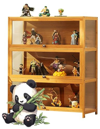 uofgcru Bambou Bücherregal Vitrinenschrank,glasvitrine stehend, Sammlervitrine,Hängevitrine,Wandregal Glasvitrine,Wandvitrine,Hängeregal,Schaukasten-106x80x33cm(3 Tier) Brown