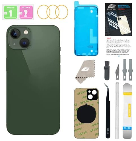 Rückglas-Ersatz für iPhone 13, mit Repir-Werkzeugen, großes Loch, hintere Abdeckung, Glas, Ersatz, alle Träger mit vorinstalliertem Kleber und Reparaturwerkzeug-Kits (grün)
