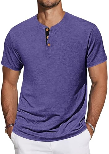 TARAINYA T-Shirt Uomo Henley Cotone Maniche Corte con Tasche Viola L
