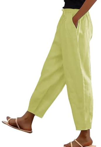 linen trousers womens, Cotton Linen Trousers Womens UK Solid Color Elasticated Waist Trouser Ladies Summer Lounge Pants Plain Loose Fit Capri Pant Casual Straight Leg Bottoms with Pockets Yellow, XL