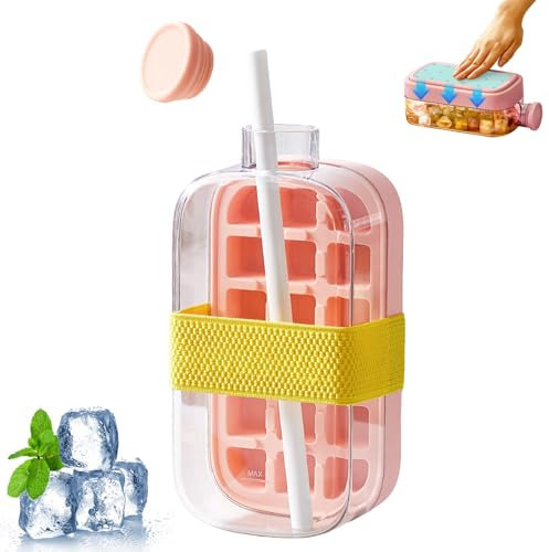Bac à Glacon 2 en 1 avec Paille, Bac à Glaçons avec Couvercle,No Touch Bouteille de fabrication de glaçons, Pour La Fabrication De Glace à La Maison, Les Pique-Niques En Plein Air (Rose,800ml)