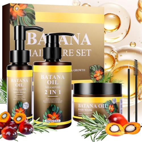 Batana Oil Hair Care Set, Comprenant 2 en 1 Batana Oil Shampoo, Batana Hair Mask et Huile de batana, Batana Oil Pousse Cheveux, Nourrit en Profondeur le Cuir Chevelu, Lisse Les Cheveux Travel Set