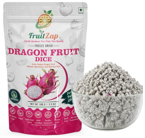 FruitZap Freeze Dried Dragon Fruit Dices 100g – 100% Real Pitaya Fruit, No Added Sugar, Vegan & Gluten Free, Naturally Crunchy Snack for Yogurt, Smoothie Bowls, Baking & Healthy Snacking
