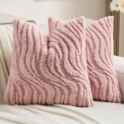 Ystyle 2er Set Kissenbezug 50x50 cm Weich Plüsch, Dekorative Kissenhülle mit 3D Wellenmuster, Modern Felloptik Deko Kissenbezüge für Sofa Couch Bett, Waschbar und Haustierfreundlich, Rosa