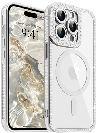 ROSEHUI for iPhone 14 Pro Max Clear Case [Compatible with Magsafe] Sparkly Plating Magnetic Phone Case with Bling Diamond Rhinestones,Soft TPU Shockproof Camera Protective Cover for Women Girls-Purple