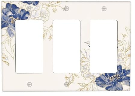 WUYOCHA Decorative Outlet Covers Rustic Blue Flower Flaral Gold Leaf 3 Gang Light Switch Cover Plate Triple Rocker Wall Plates for Electrical Outlets Switch Plate Covers for Bedroom Home Decor