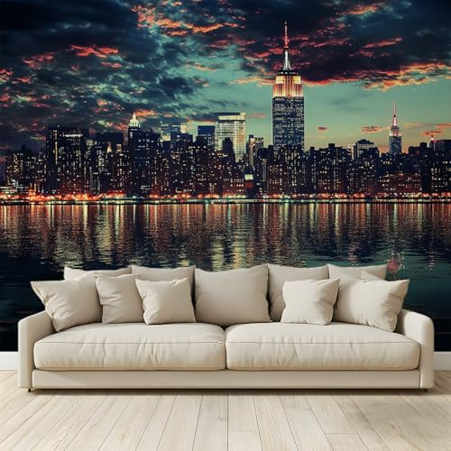 MKBKLI Mural Wallpaper New York Skyline Reflection Photo Backdrop Non-Woven Poster Picture Art Print for Living Room Bedroom TV Theme Hotel Warm Décor Papel 200(W) x 140(H) cm