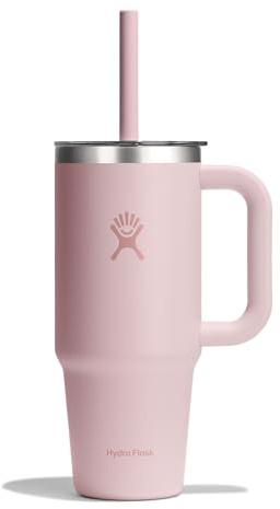 Hydro Flask 24 Oz Travel Tumbler with Handle, Clear Lid and Straw - Insulated Stainless Steel in 24 Oz Trillium Pink