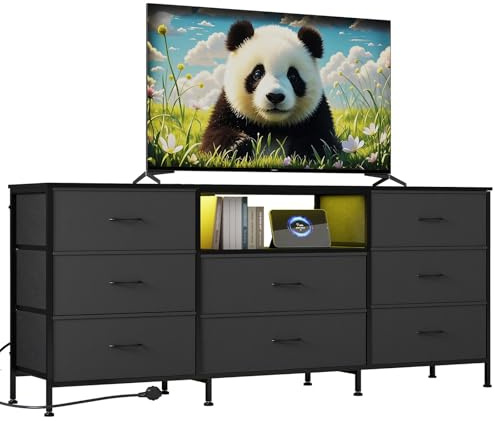 GarveeLife 63 TV Cabinet - Metal Frame TV Stand Dresser, 8 Drawers, LED Light, Modern Entertainment Storage Cabinet, for 65-75 Inch TV - Bedroom & Living Room, Grey