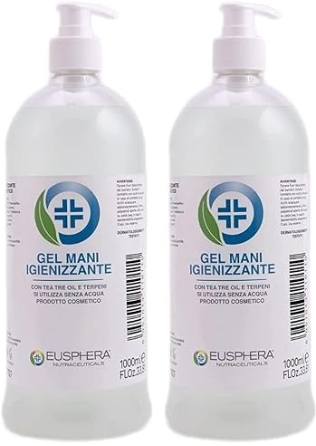 EUSPHERA - Gel igienizzante mani 1 Litro - Gel disinfettante mani con Tea Tree Oil e Terpeni Gel mani Profumato Igienizzante per le mani 100% Naturale (Confezione da 2)