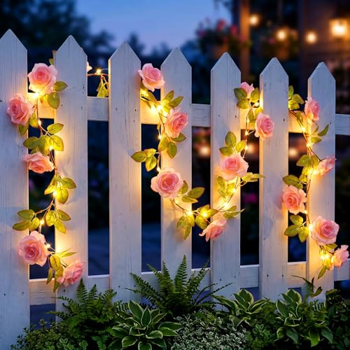 Fohil Lichterkette Blumen Innen, 2.2M 40 LED Künstliche Blume Lichterkette, Rose Blumengirlande Lichter Batteriebetrieben, Rosa Rose Blume Künstliche Efeu für Hochzeit Garten Balkon Zimmer Dekoration