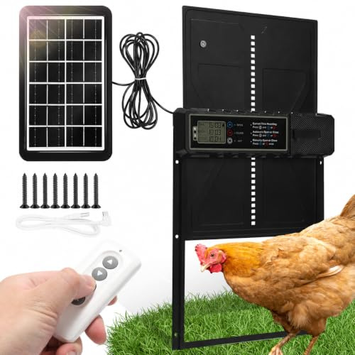 Fogmiea Automatische Hühnerklappe Solar mit LCD Display und Fernbedienung | Elektrische Hühnerklappe mit Timer, Hindernis-Stopp, Alarm, USB-C, IPX4 für Hühnerstall, Einklemmschutz