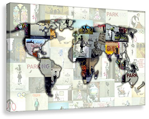 Kunstbruder SENSATIONSPREIS Leinwandbild Weltkarte von Banksy (div. Farben) Bilder Street-Art - Graffiti- Kunstdruck auf Leinwand (60x40cm) (blaugrau)