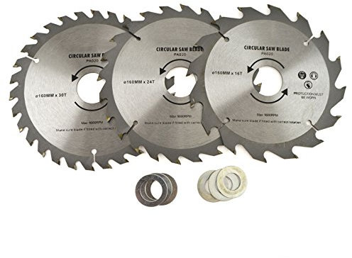 3pc 160mm Lames de scie circulaire TCT 16/24/30 TPI et Adaptateur réducteur Bagues TE858