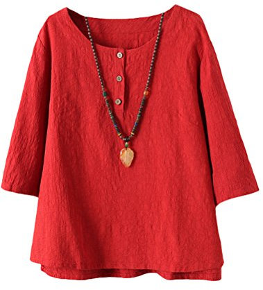 Vogstyle Femmes T-Shirts Coton Lin Chemise Chic Simple Haut Jacquard Tops Tunique (X-Large, Rouge)