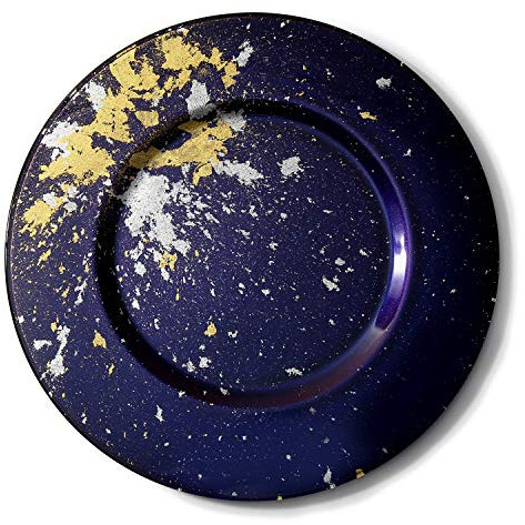 Syosaku Japanese Urushi Glass Charger Plate-L Φ13.9-inch Majestic Blue with Gold Leaf, Dishwasher Safe