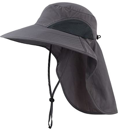 Magracy Herren Damen Outdoor-Sonnenhut mit Nackenklappe breiter Krempe Netzstoff UV-Schutz Hut Gartenarbeit Angelhüte Dunkelgrau