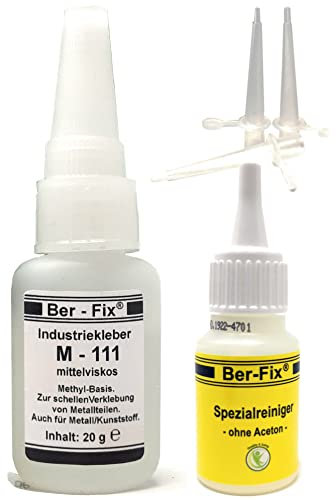 Ber-Fix M111 20g Industriekleber Set Profi Sekundenkleber mit Feinspitze & Spezialreiniger, Präzise Dosierung, Ideal für Gummi und Metall