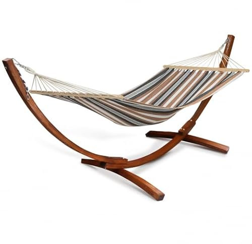 IDMarket - Hamac XL avec Support Bois et Toile rayée Noire, Blanche et Chocolat