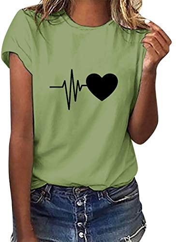 heekpek Maglietta Manica Corta Donna Amore Tshirt Cotone Maglietta Elegante Donna Casual T-Shirt Estiva con Girocollo Magliette Basic Estive Top, Verde, L