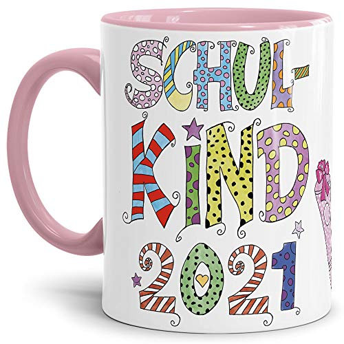 Tassendruck Geschenk Tasse zur Einschulung für Kinder mit Spruch - SCHULKIND 2021 - Geschenkidee zum Schulanfang/Erinnerung Schulbeginn/Erstklässler 2021 Mädchen - Innen & Henkel Rosa
