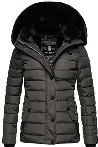 Navahoo Damen warme Winter Steppjacke mit Abnehmbarer Kunstfell-Kapuze Milianaa Anthracite Gr. M