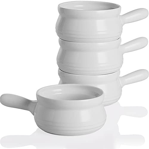 Sweejar Porcelain Soup Bowls with Handle, 22 OZ Ceramic Serving Crocks for French Onion Soup, Pumpkin Soup, Oatmeal, Stew, Dishwasher and Microwave Safe, Set of 4 (White)