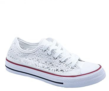 Primtex Baskets Femme en Dentelle - Chaussures Basses Toile Brodée, Blanc, 37 EU