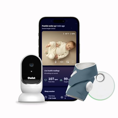 Owlet Dream Duo Smart Baby Monitor Gen1 Blue, Calzini Dream con approvazione FDA, Owlet Cam 2, rileva e notifica per frequenza cardiaca e ossigeno durante la visualizzazione del bambino in video WiFi