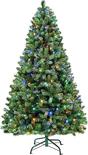 SHareconn 213CM Pre-illuminato Albero di Natale Artificiale Incernierato con 470 LED Bianche Calde e Multicolori, 1440 Punte di Rami, Supporto Metallico Pieghevole, Facile da Installare e Rimuovere