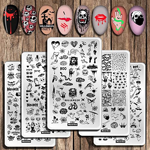 Stamping Schablone Nail Art Halloween Stempel für Nägel, 5 Stück Nagel Schablone Spinnennetz Schädel Schlange Stempel Nageldesign, 12*6cm Halloween Nägel Rostfreier Stahl Nagelschablonen für Gelnägel