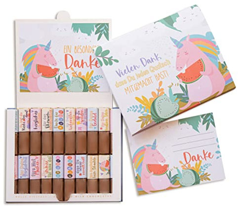 Schokoladenseite Aufkleber-Set & Banderole für Merci Schokolade | Abschiedsgeschenk für Erzieher mit vorgedruckten Aufklebern I Geschenk zum Abschied Erzieherin Kita I Inkl. 2 Danke Karten (Einhorn)