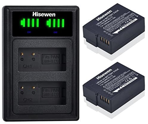 Hisewen 2Pack DMW-BLC12 Batterie et Chargeur pour Panasonic Lumix G85 G7 DC-FZ1000 II DC-G95 DMC-G85 DMC-GH2 DMC-G5 DMC-G6K DMC-G7 DMC-GX8 DMC-FZ200 DMC-FZ300 DMC-FZ1000