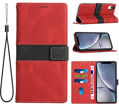 Yiscase Brieftasche Hülle für iPhone XR, Grid Lederhülle mit Wrist Kartenslots Magnetverschluss Handyhülle Ständer Funktion Wallet Case Flip Cover Schutzhülle Klapphülle -
