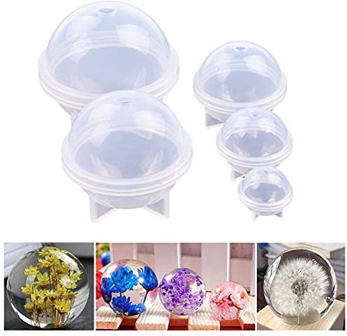 FIYSON 5 Stücke Epoxidharz Kugelformen DIY Kugel Runde Silikon Form,Sphere Gießform Resin,Kristalle Silikonformen für DIY Schmuck, Anhänger, Ohrringe, Blumenmuster, Skerzen, Seife und Dekorationen