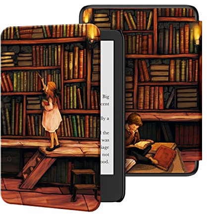 Ayotu Hülle für 6 Neu Kindle 11. Generation – 2024/2022 (Modell Nr. RS23CV/C2V2L3), Bunte PU Lederhülle mit automatischem Weck-/Schlafmodus, Die Bibliothek