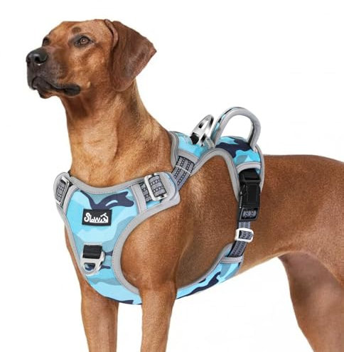 Eyein Hundegeschirr für Große Hunde, Anti Zug Brustgeschirr mit 2 Leinenclips und leicht zu bedienendem Griff, Verstellbare und reflektierende Gepolstert Geschirr für tägliches Training (Tarnblau, XL)