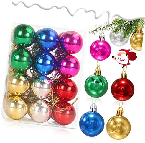 CHAMEEN Christbaumkugeln Bunt, 24PCS Weihnachtsbaumkugeln Kunststoff, Weihnachtsbaum Kugeln 4cm, Baumschmuck Weihnachtskugeln, Christbaumschmuck Hängedekorationen, Tannenbaum Schmuck Set Plastikkugel