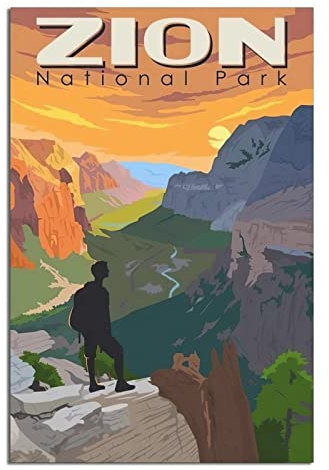 YONGCAI Zion National Park Hiker Sonnenuntergang Vintage Reise Poster Leinwand Wand Home Room Decor Kunst Poster Gemälde Bild Druck Geschenk Poster