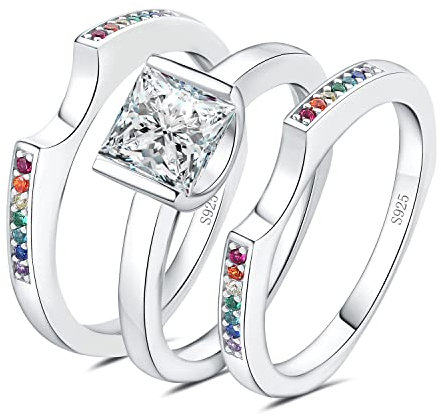 JewelryPalace 1.24ct Prinzessschliff Zirkonia Promise Ring Damen, Regenbogen Bunt Verlobungsring Silber 925, Simulierter Diamant Hochzeitsring Vorsteckring Trauringe Ehering Band Ring Set Frauen 51