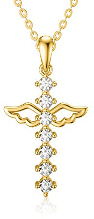 Rikelus 375/9K Echtgold Kreuz-Halskette für Damen,Gelbgold Engelsflügel Kreuz Anhänger Halsketten mit 5A Zirkonia,religiöser Schmuck Jahrestag Geburtstag Geschenke für Frau Mutter,40,6 cm + 5,1 cm
